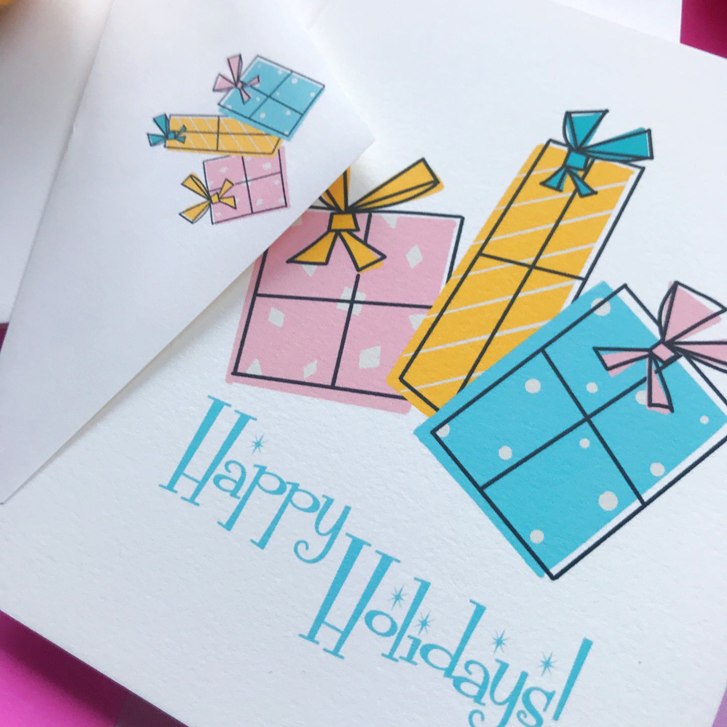 Mid Century Modern Pastel Presents Christmas Card 8 Pack