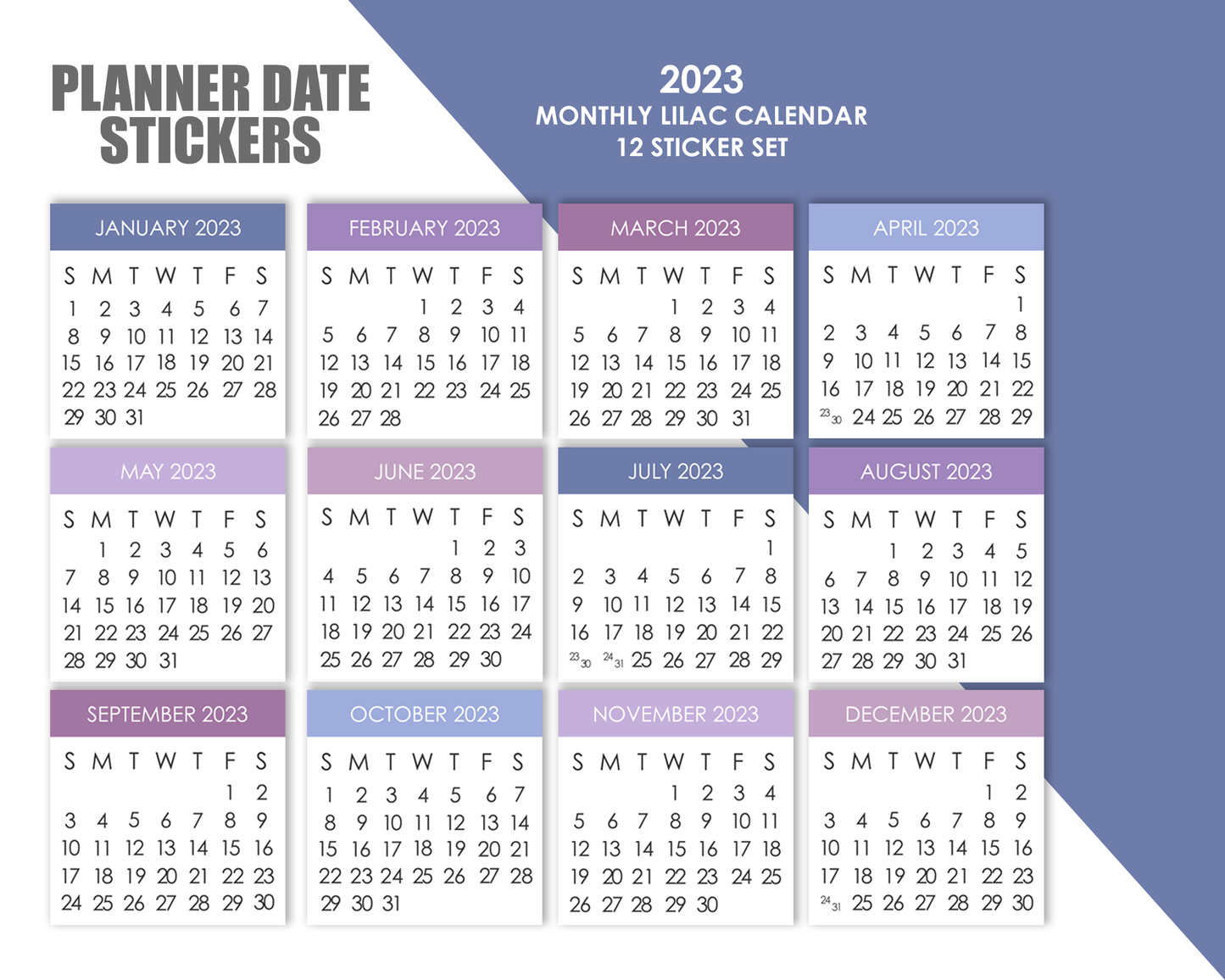 2023 Monthly Calendar Planner Stickers - Pastels