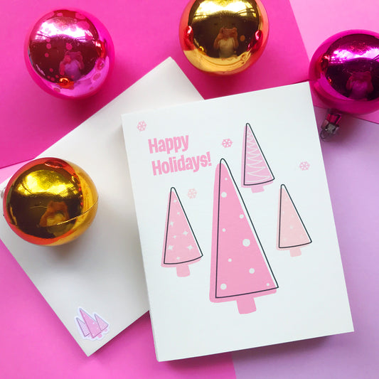 PRE-ORDER: Mid Century Modern Pink Trees Christmas Card 8 Pack