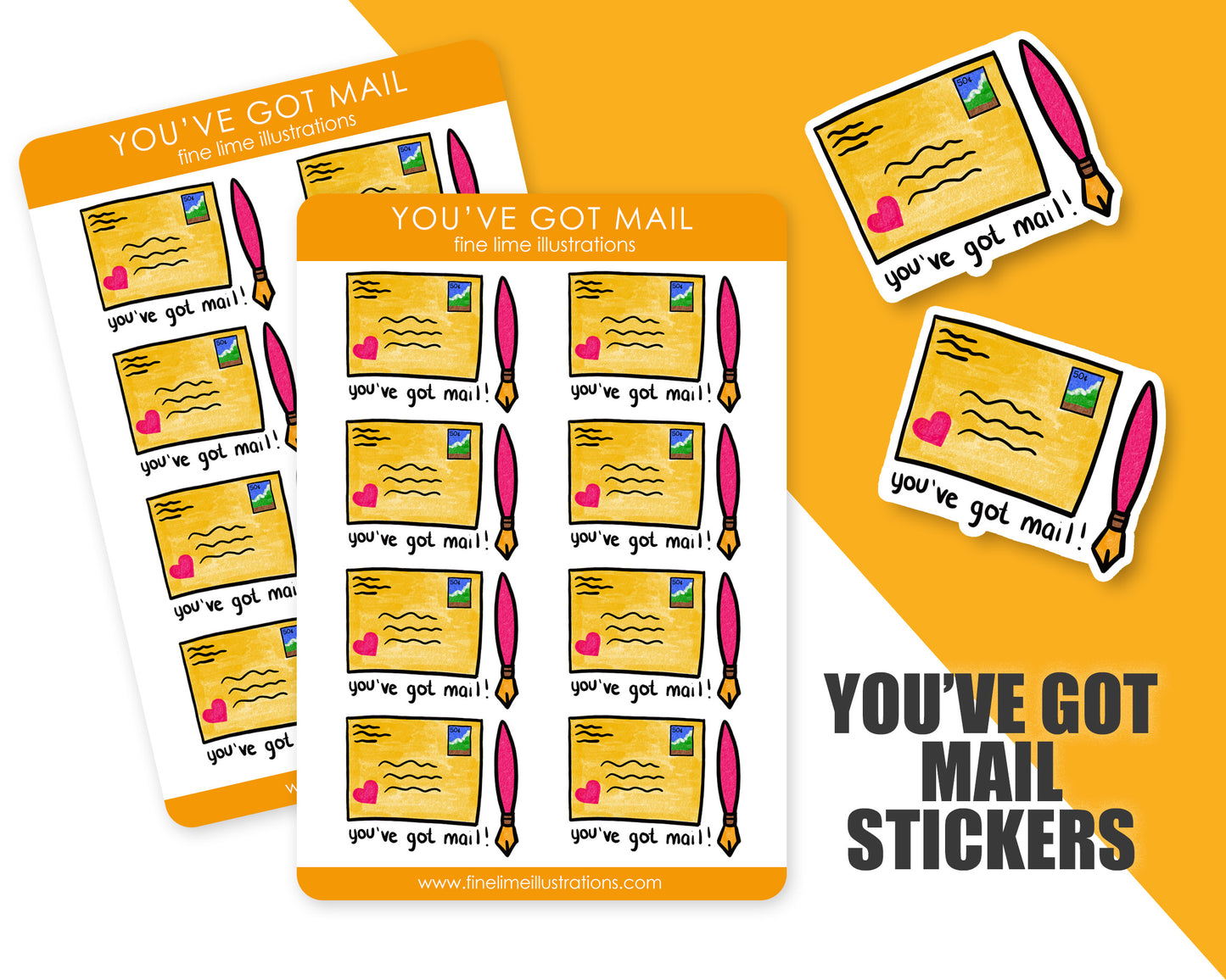 a sticker sheet of 8 stickers with yellow hand drawn envelopes and fountain pens that say "you've got mail!"