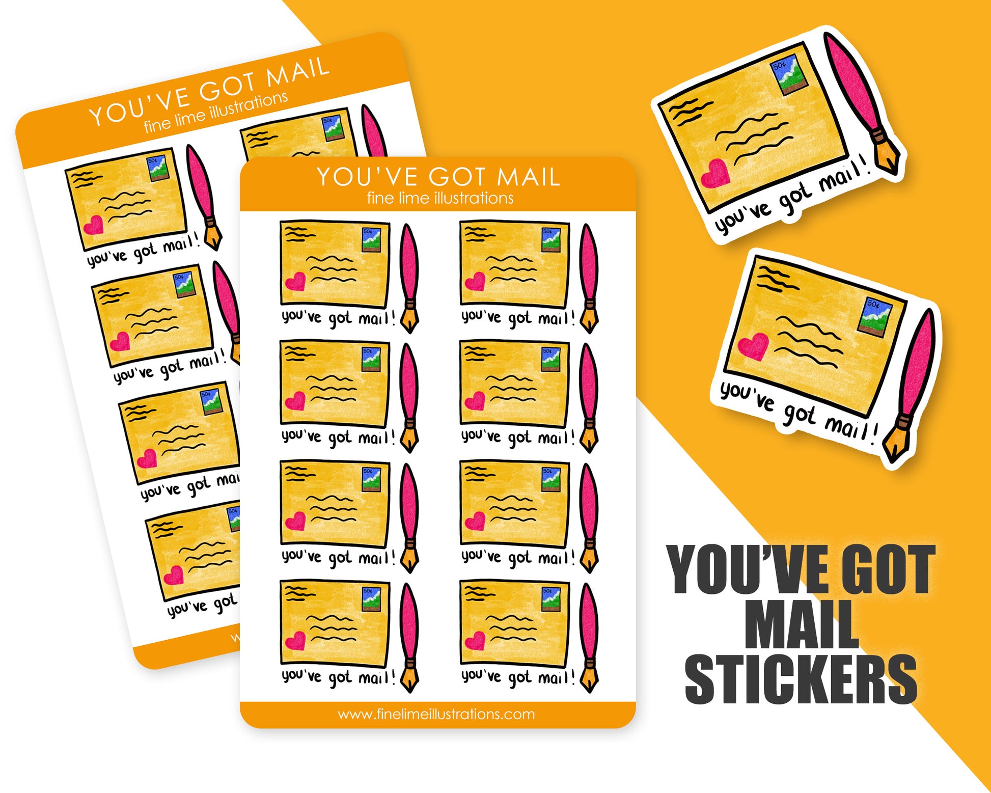 a sticker sheet of 8 stickers with yellow hand drawn envelopes and fountain pens that say "you've got mail!"