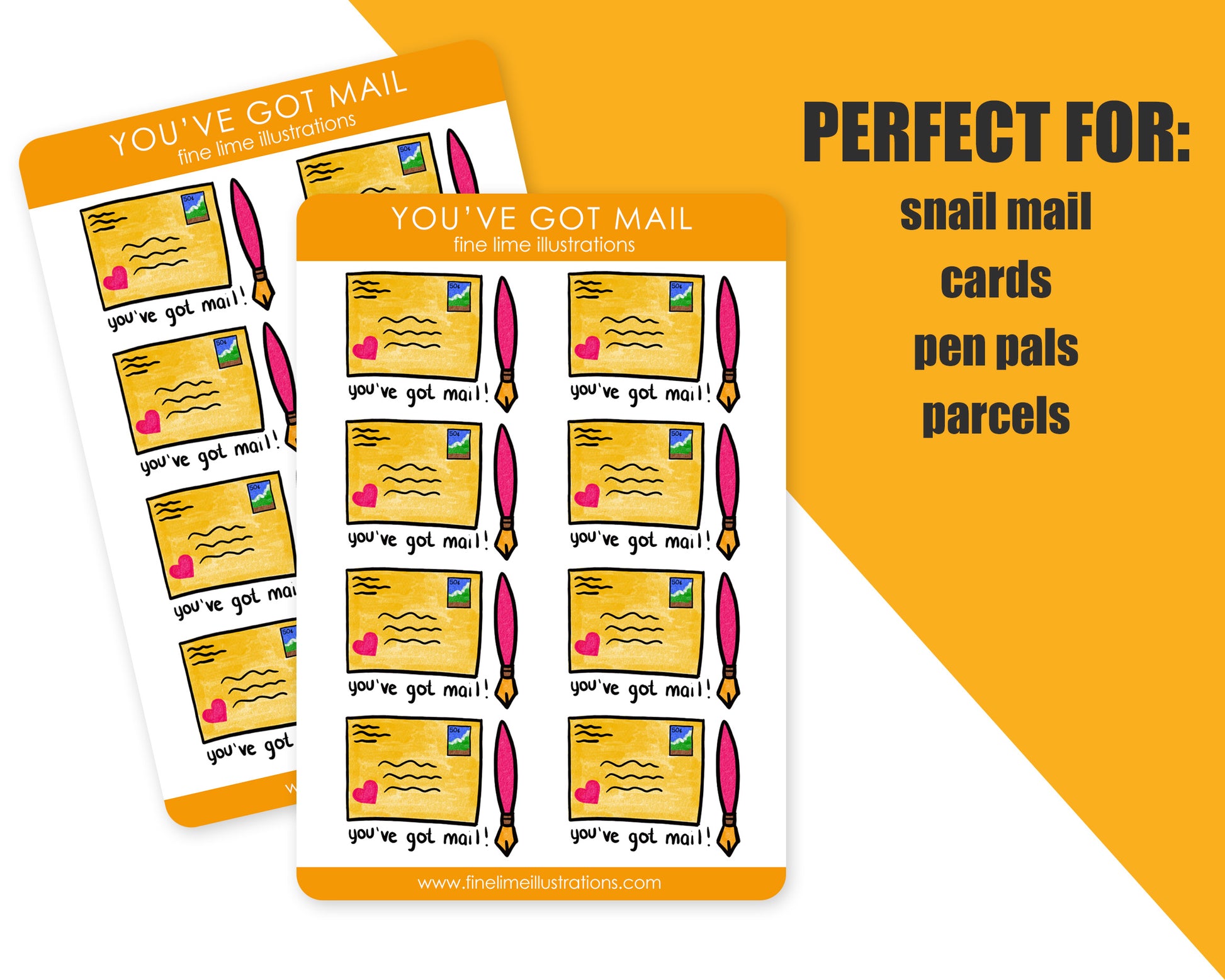 a graphic of a sticker sheet of 8 stickers with yellow hand drawn envelopes and fountain pens that say "you've got mail!". The graphic text says "perfect for snail mail, cards, pen pals, parcels"